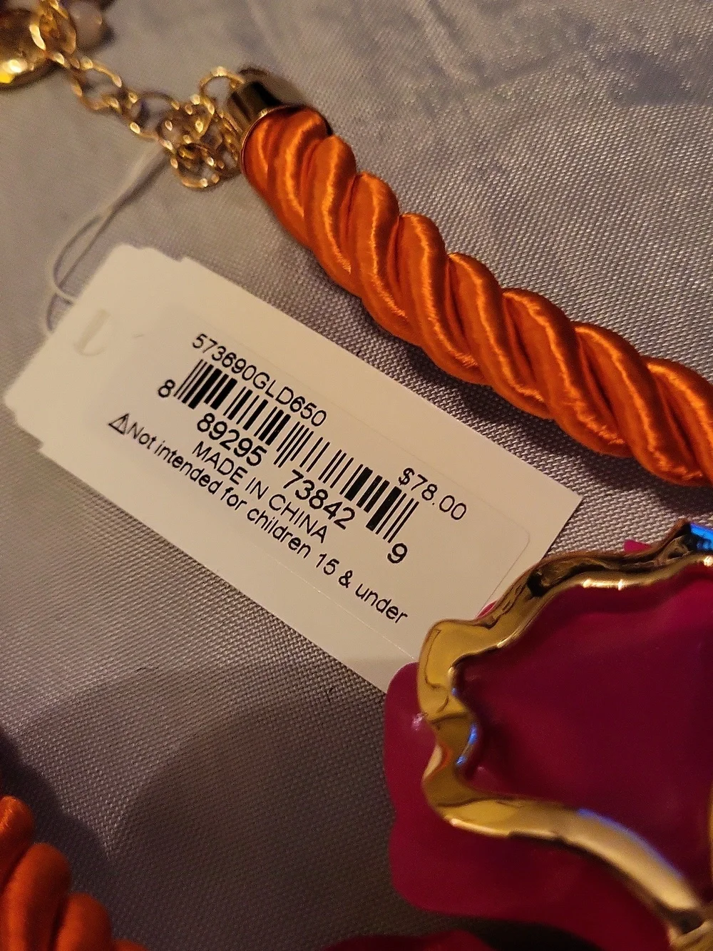 Betsey Johnson Pink Flower Statement Necklace with Orange Rope Bnwt HL - Picture 6 of 7